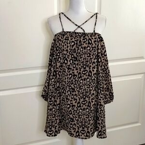 entro women's small leopard print criss cross off shoulder dress long sleeve
